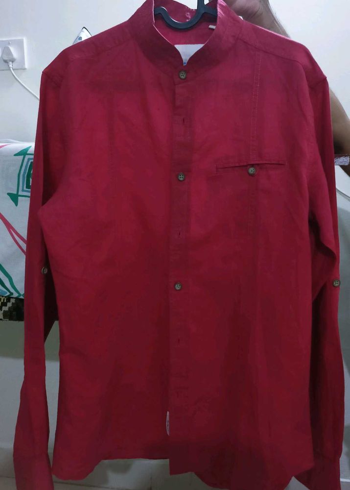 Red Mandarin Collar Long Sleeve Shirt