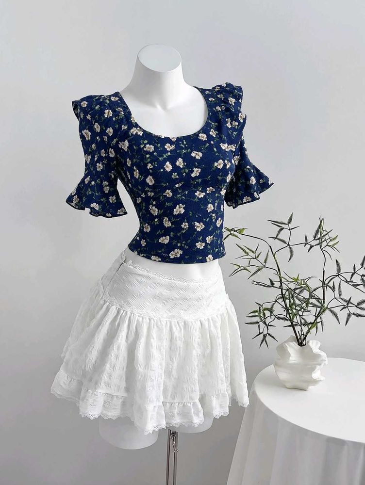 Navy Floral Bell Sleeve Top