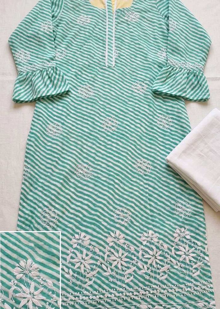 Green Striped Kurta Set with White Pants