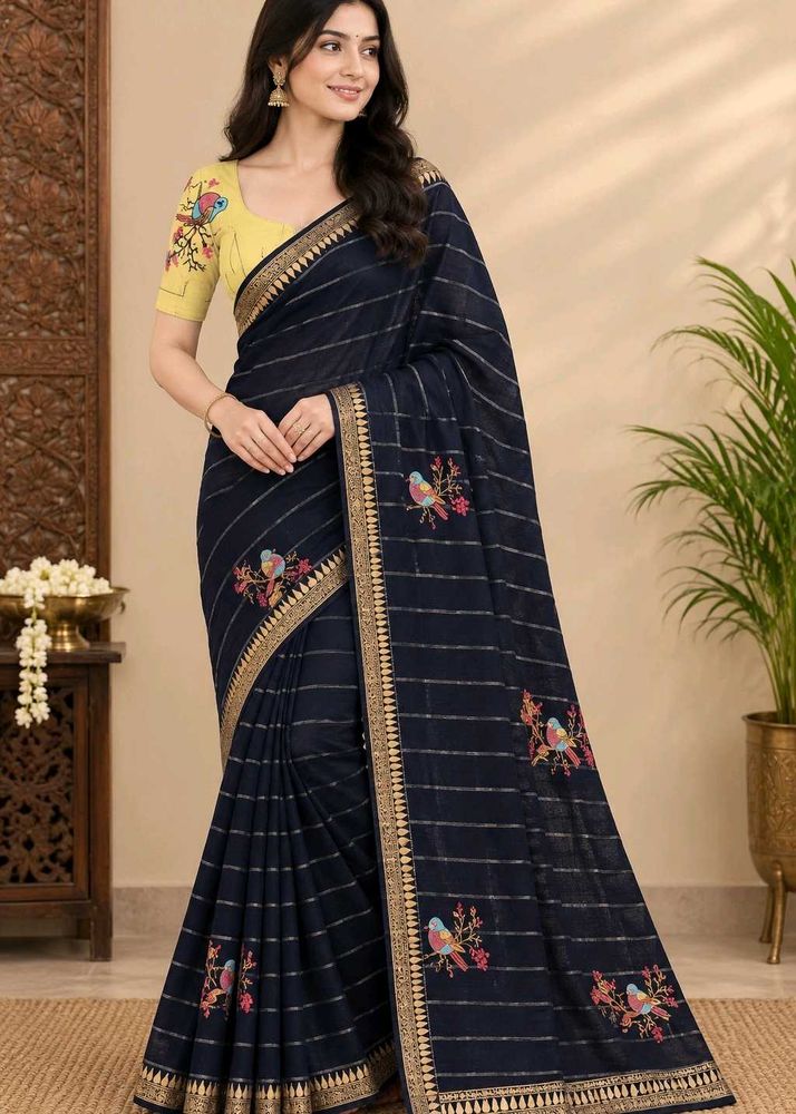 Elegant Navy Blue Saree with Bird Embroidery