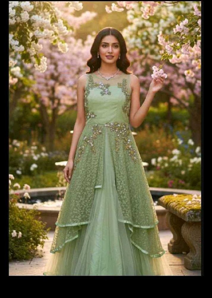 bust 38 Elegant Green Embroidered Gown