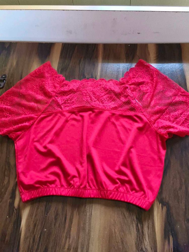 Bright Red Lace Trim Off-Shoulder Top