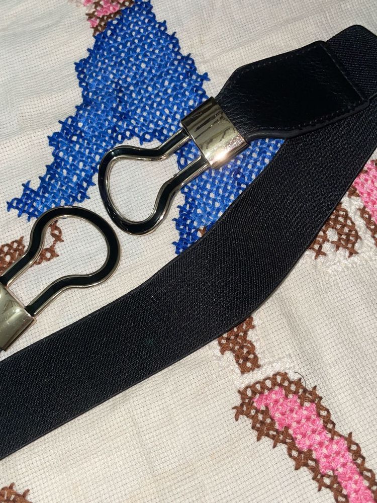 Black Elastic Belt with Silver Clasps