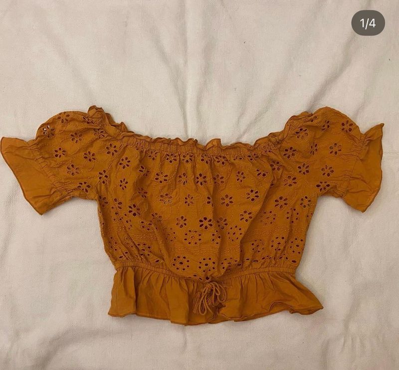 Mustard Yellow Off-Shoulder Eyelet Top