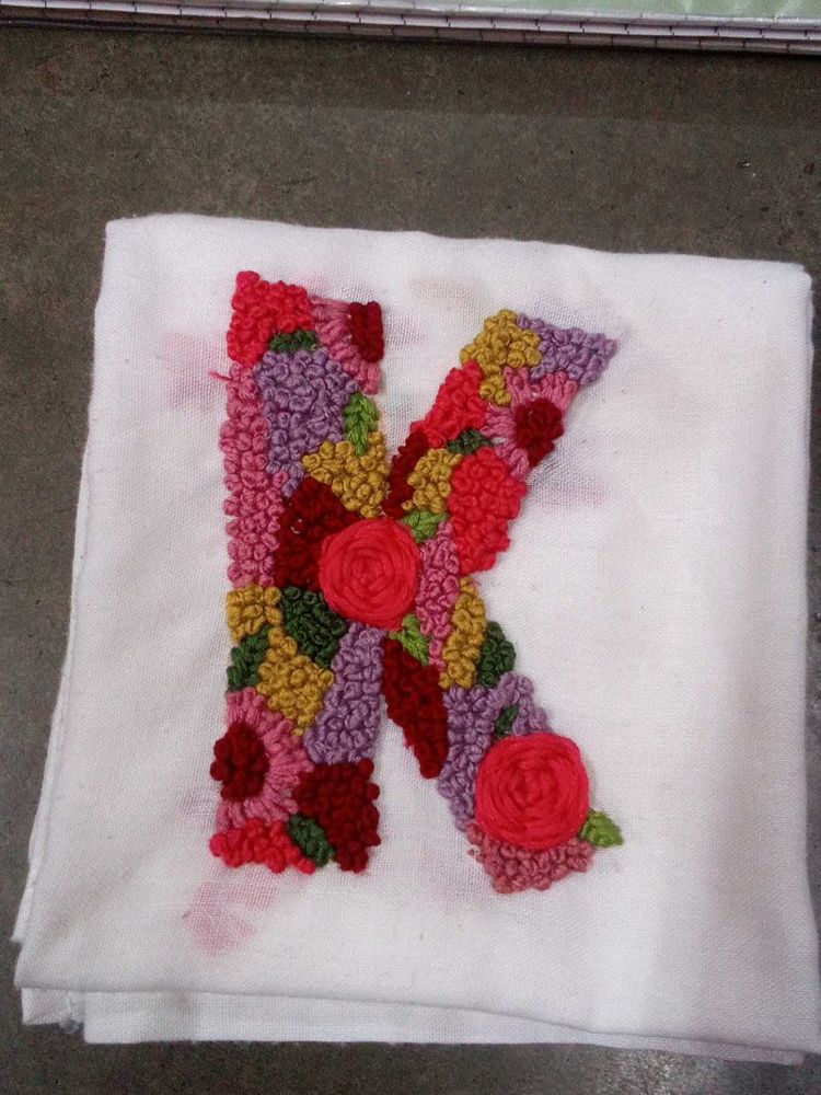 handmade floral "K" embroidery on cotton handkerch