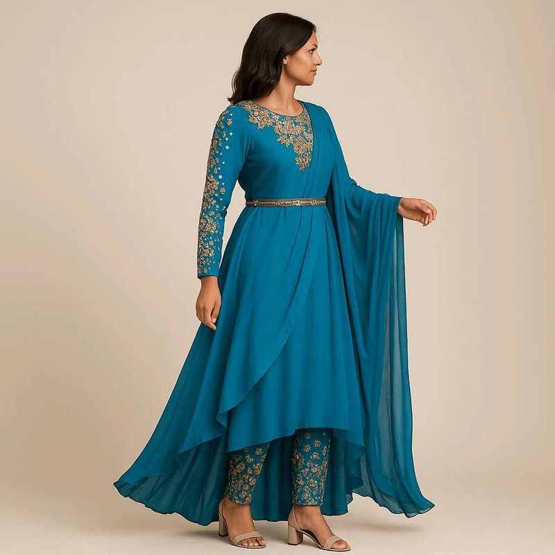 Elegant Teal Indian Outfit with Gold Stone