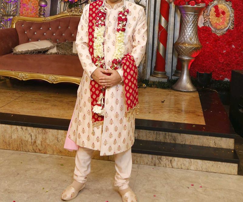 Groom Embroidered Silk Sherwani Set With Juttis
