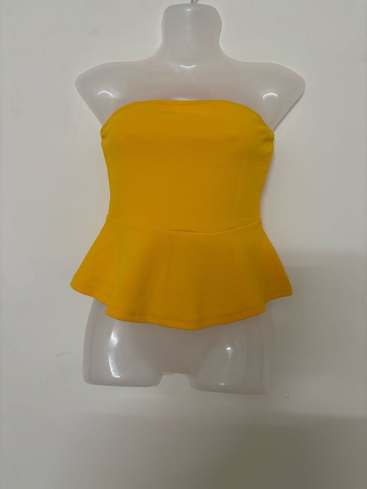 Stylish Yellow Strapless Peplum Top