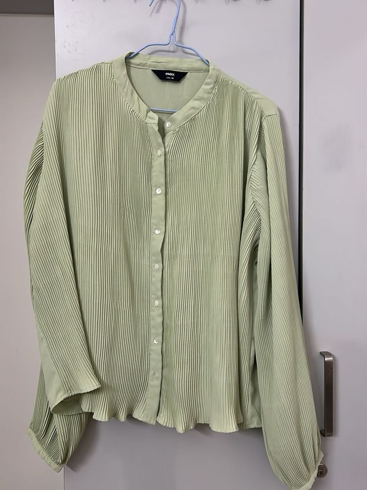 Pastel Green Pleated Button-Up Blouse