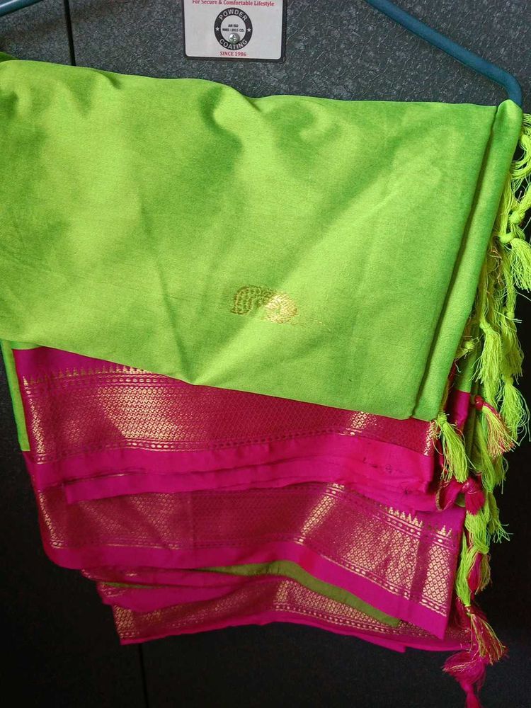 Vibrant Green &amp; Pink Silk Saree