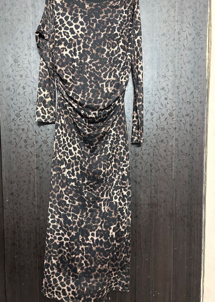 Leopard Print Long Sleeve Ruched Dress