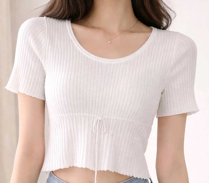 White Ribbed Cinched Waist Top