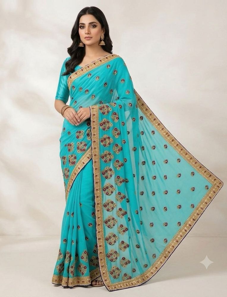 Elegant Teal Embroidered Saree
