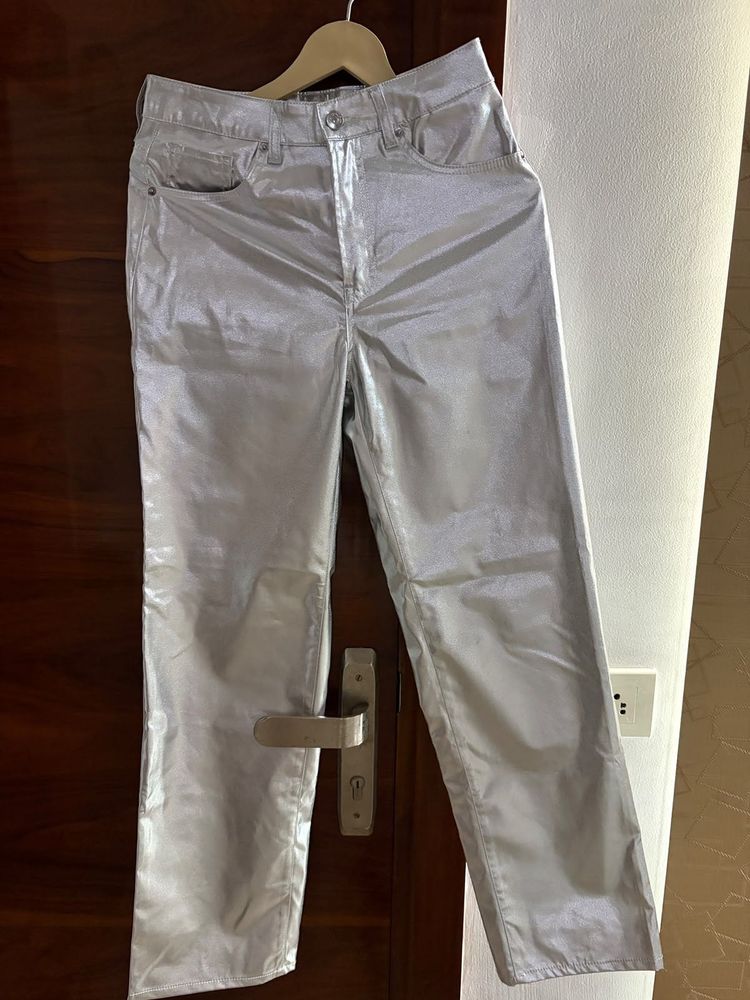 Metallic Silver Straight Leg Pants