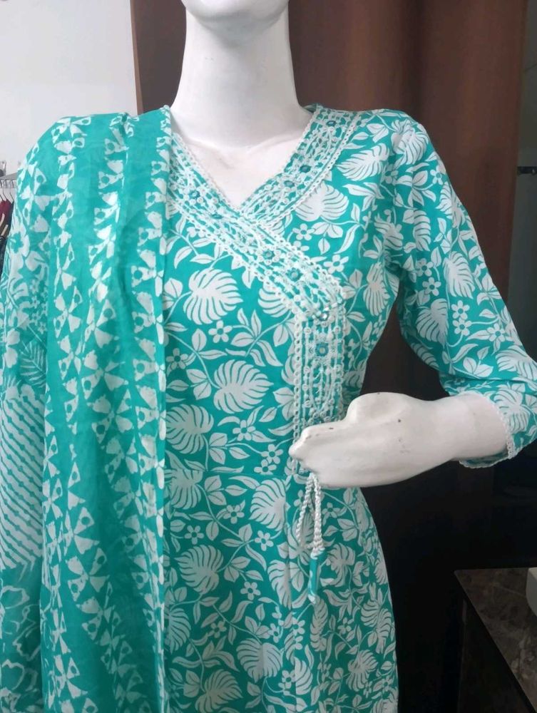 Teal White Floral Kurta Set