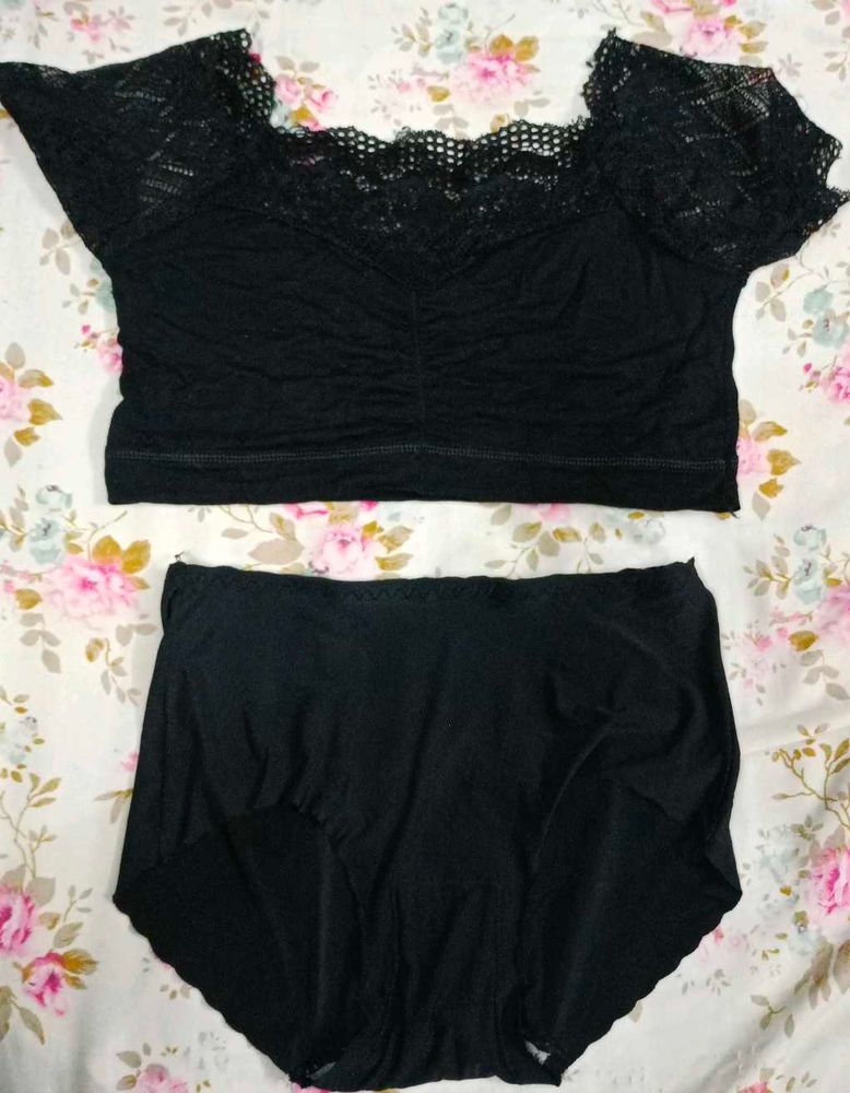 Black Lace Bikini Set 2 Tops 1 Silk Panty