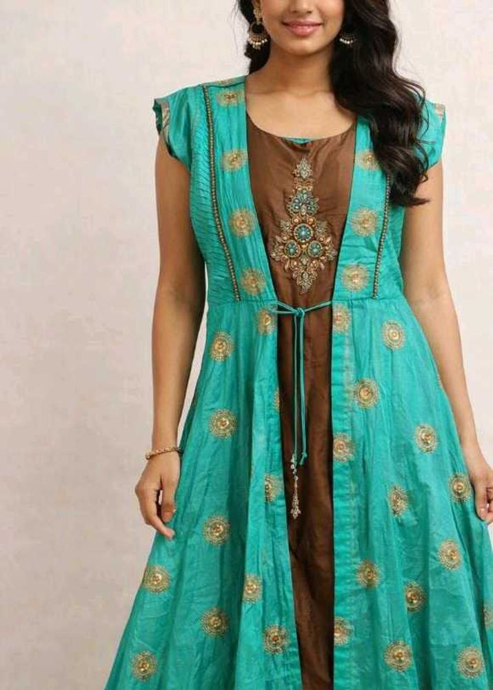 Stunning Teal &amp; Brown Embroidered Kurta Set