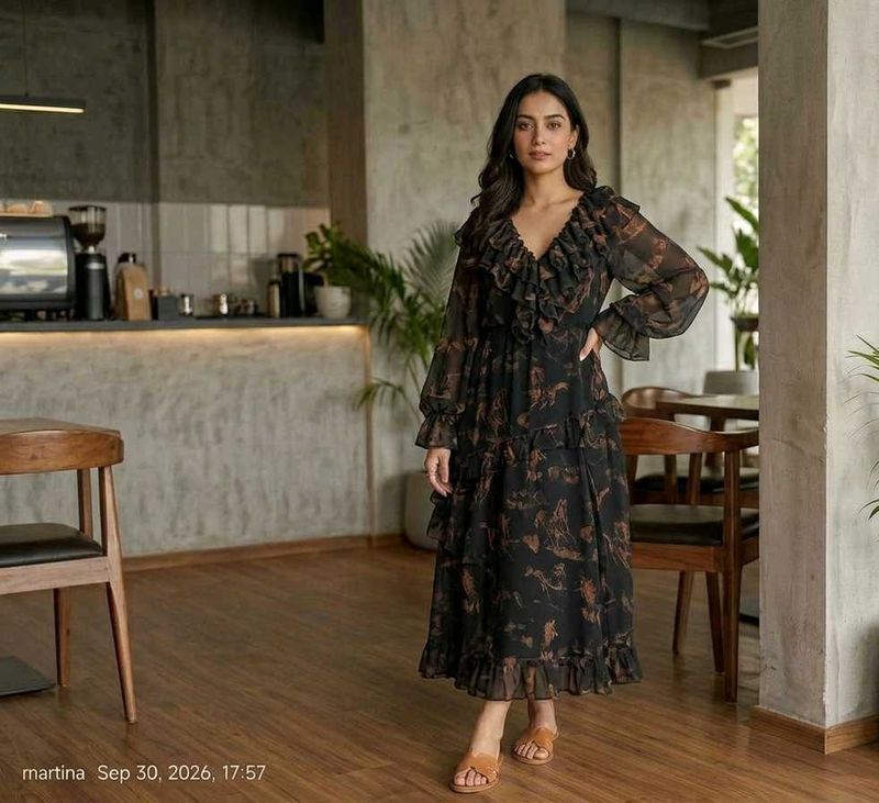 Boho Floral Print Ruffle Maxi Dress