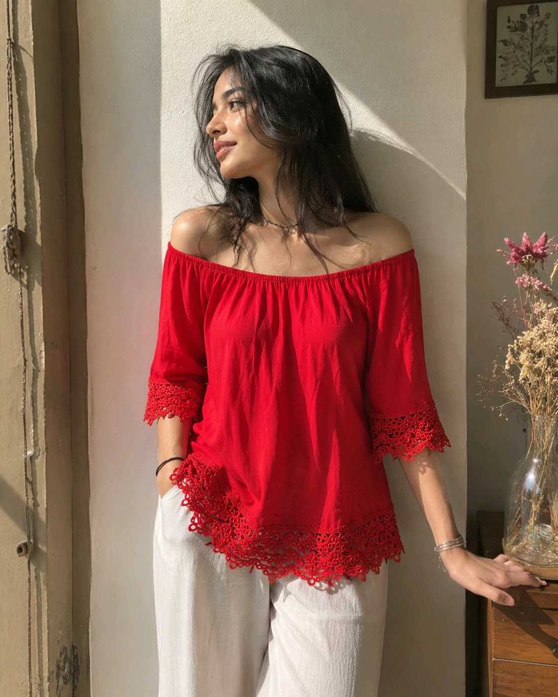 Red Off-Shoulder Top with Lace Trim