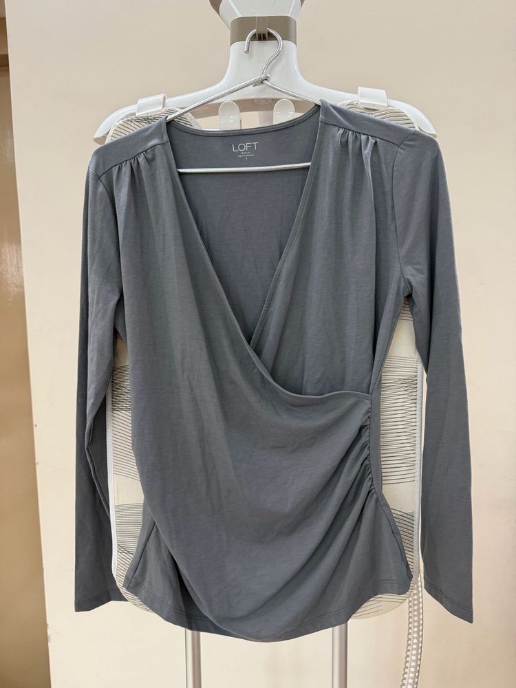 LOFT Grey Ruched Wrap Top