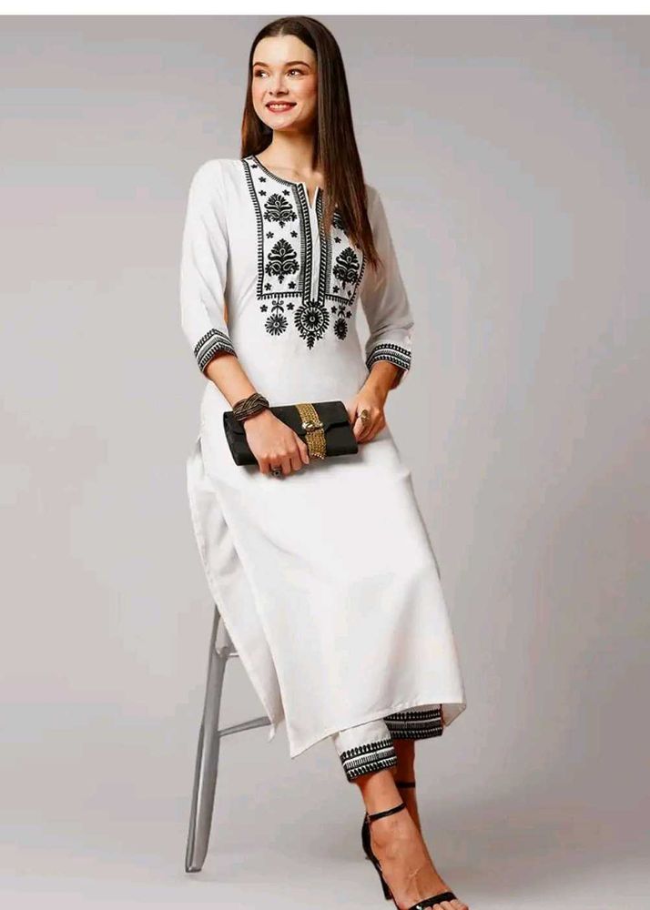 Elegant White Kurta Set with Black Embroidery