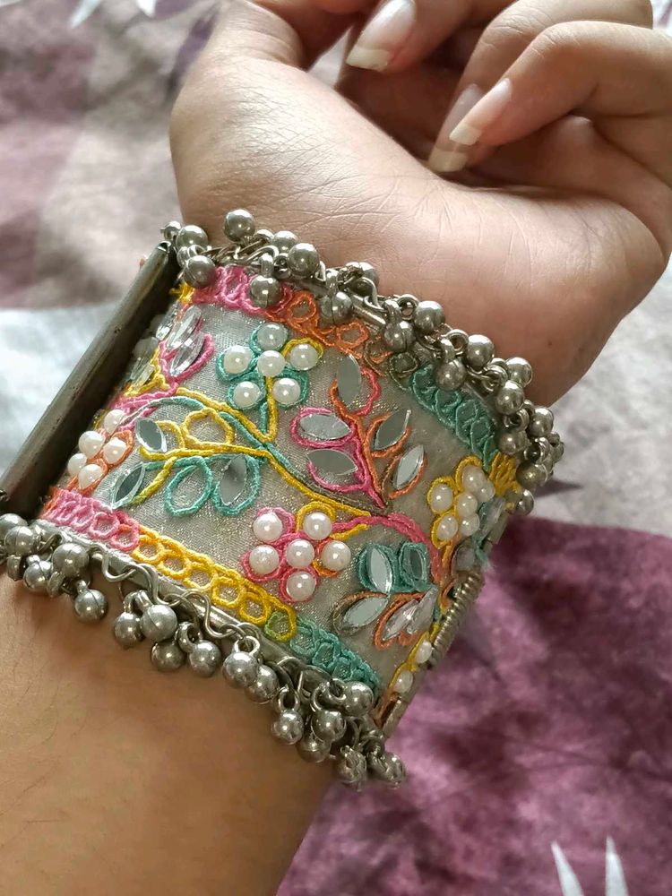Embroidered Cuff Bracelet with jhumkis