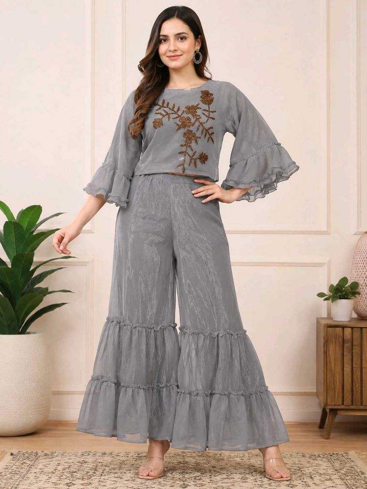 Stylish Grey Embroidered Co-Ord Set