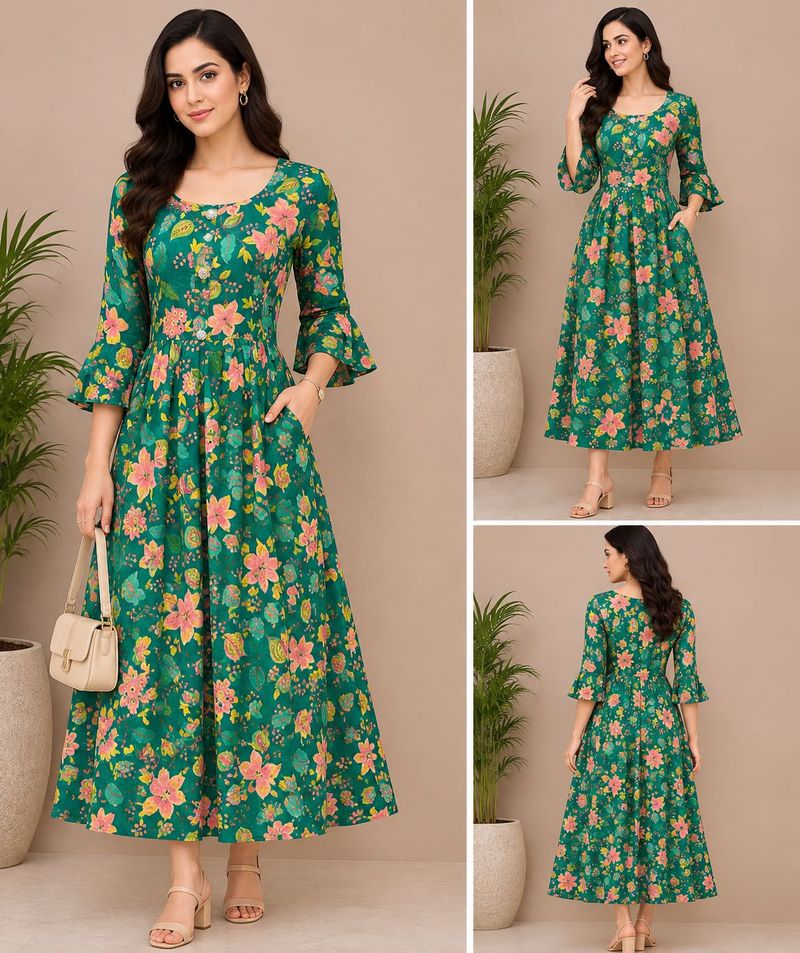 Green Floral Print Frock Dress