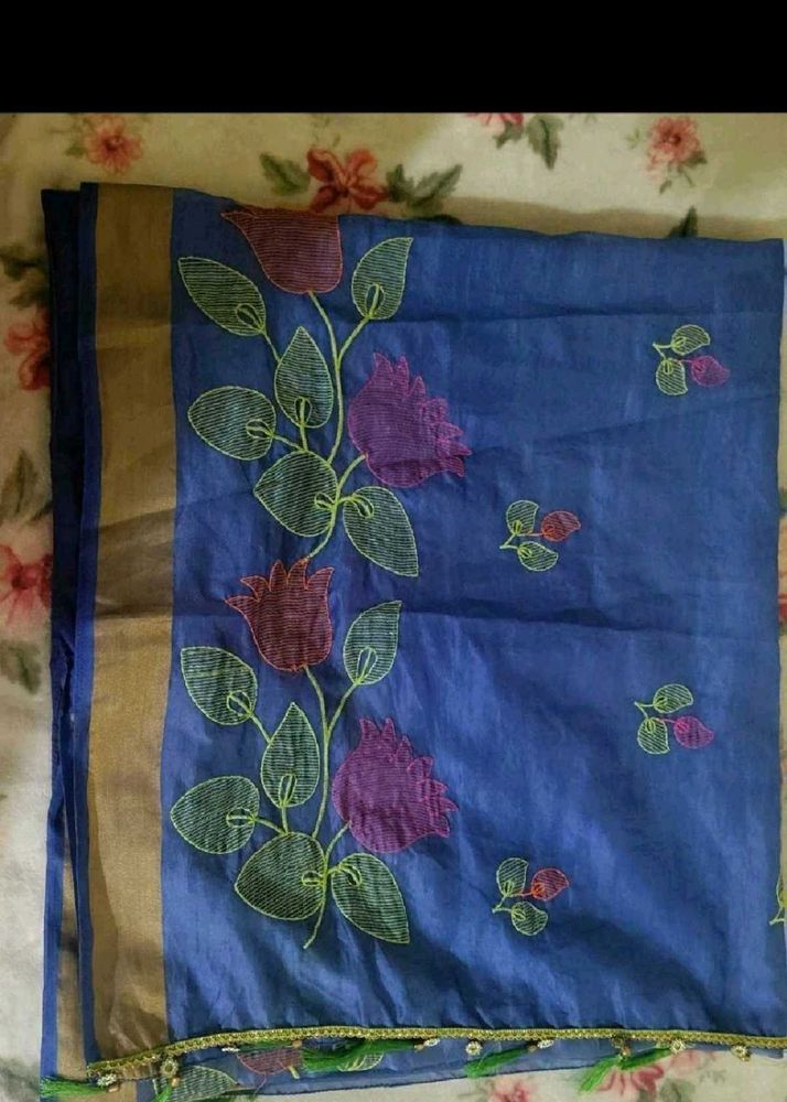 Embroidered Blue Silk Saree