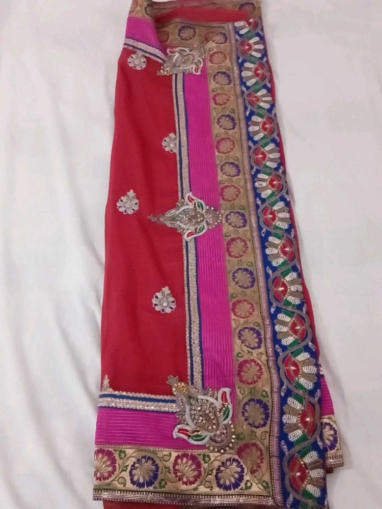 Designer Embroidered Red Saree