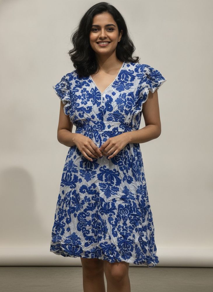 Blue and White Floral Print Dress