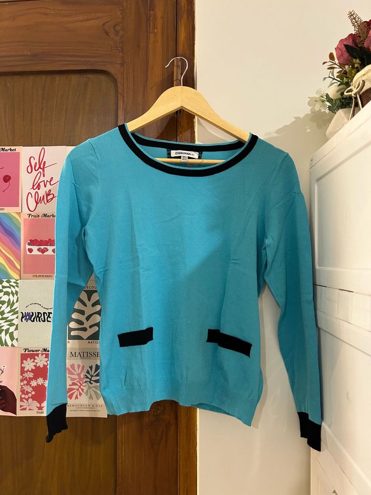 Aqua Blue Knit Top with Black Accents