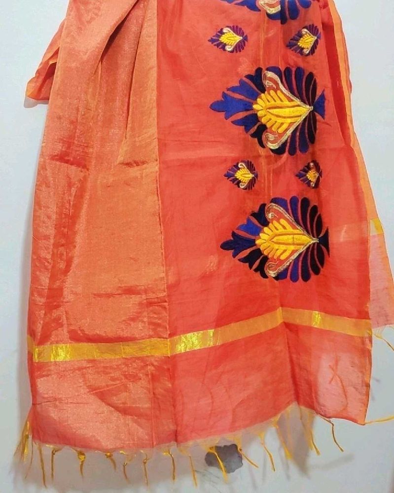 Coral Color Dupatta Blue Embroidry Work