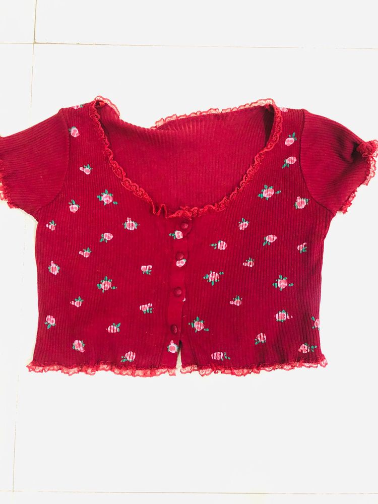 Red Floral Button-Up Top