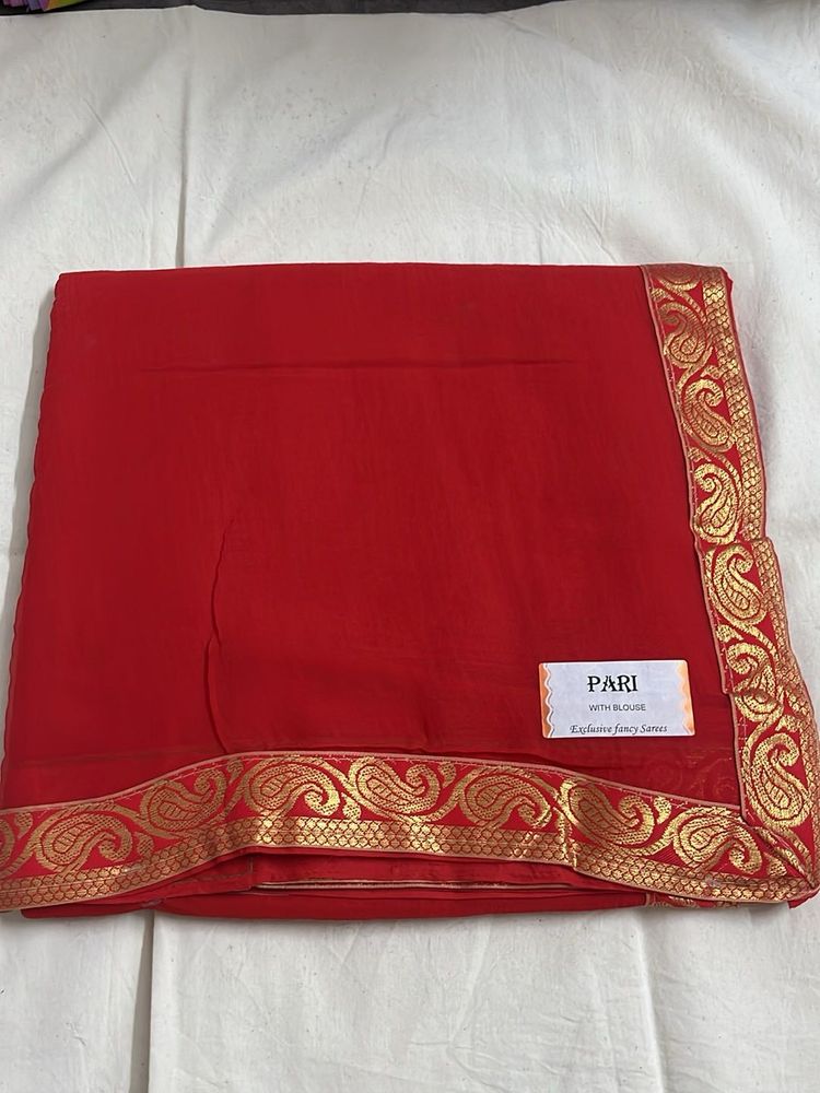 Red Saree with Golden Border