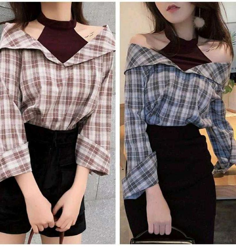 New with tag Korean Trendy Plaid Cut-Out Collar To