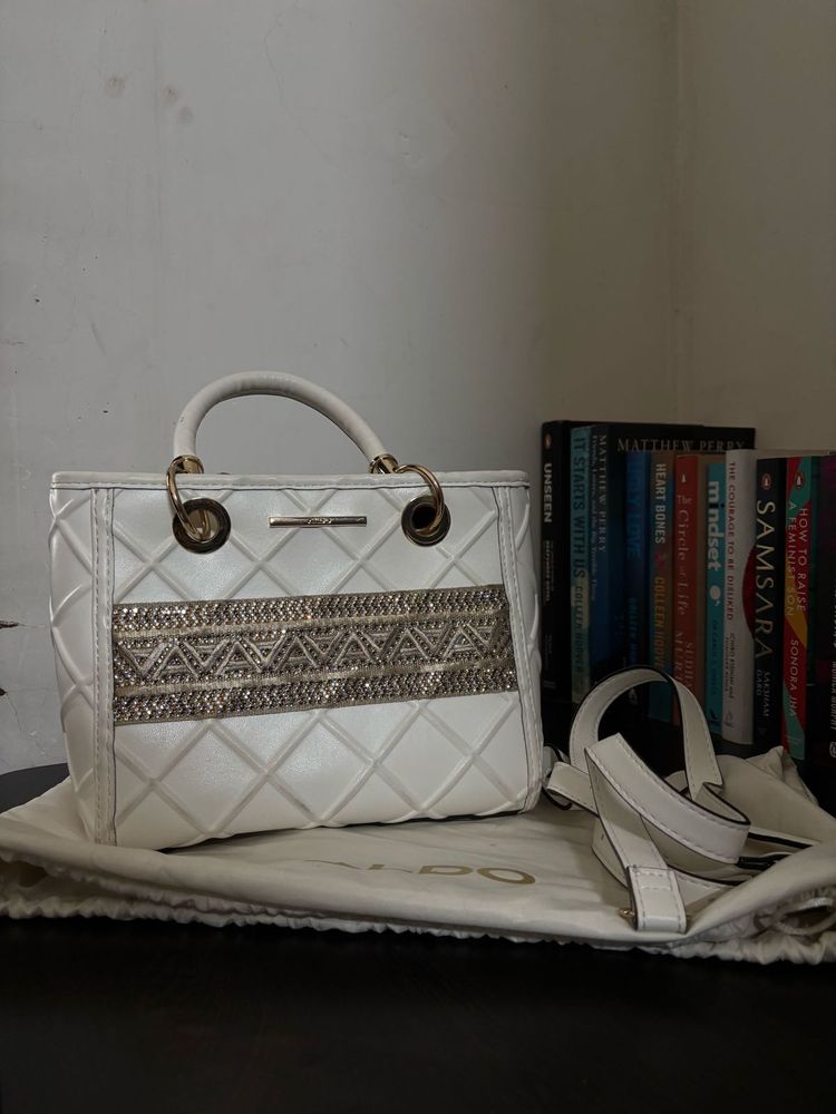 Chic White Quilted Handbag with Embellishments