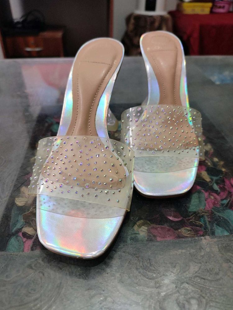 Transparent Chunky Silver Shining Sparkling Heels