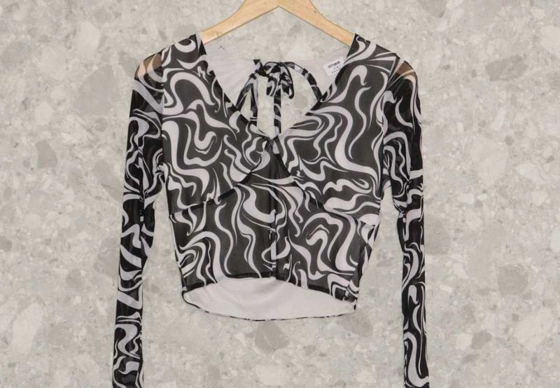 Abstract Print Long Sleeve Crop Top mesh