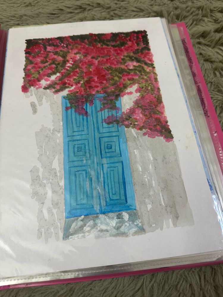 Watercolor Painting: Blue Door &amp; Flowers