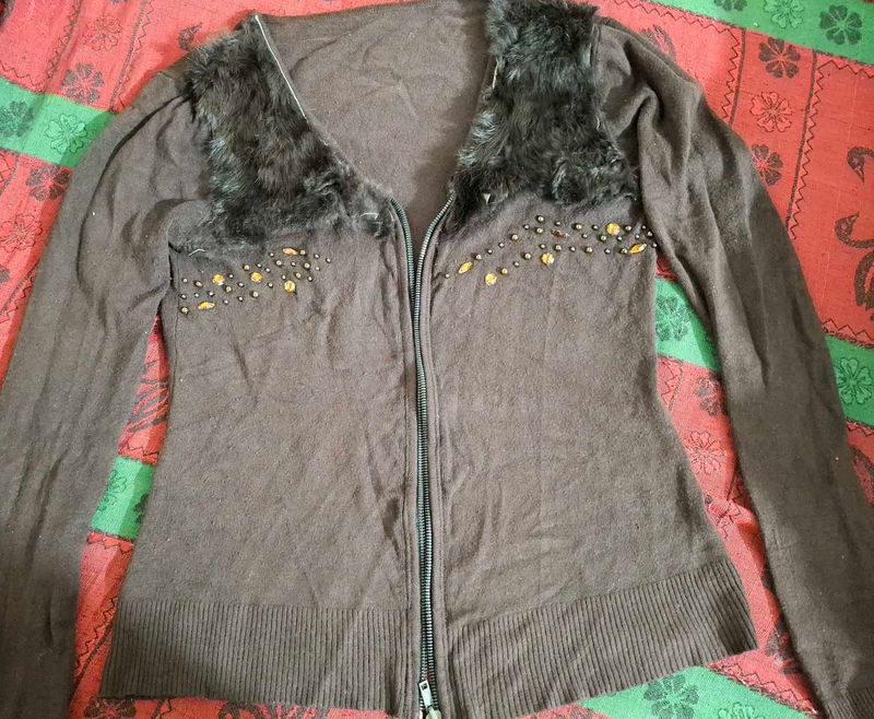 Stylish Brown Zipper Sweater with Fur