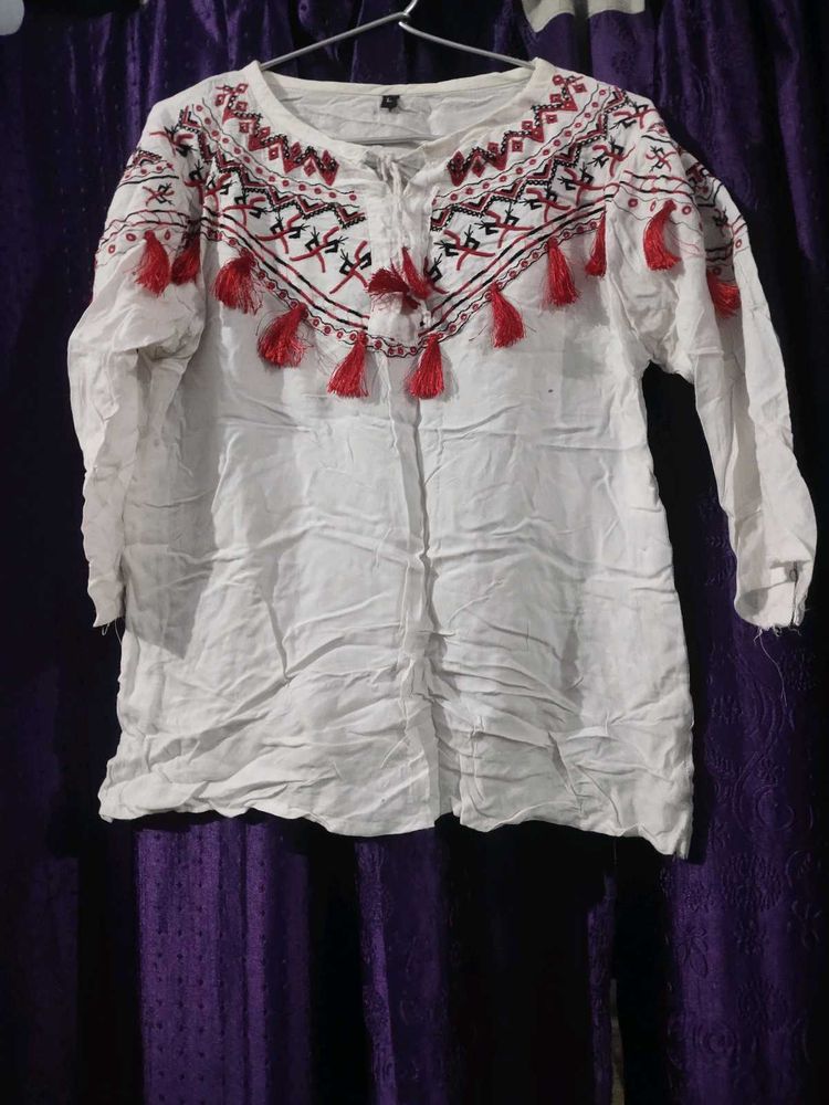 Boho Embroidered Tassel Tunic Top