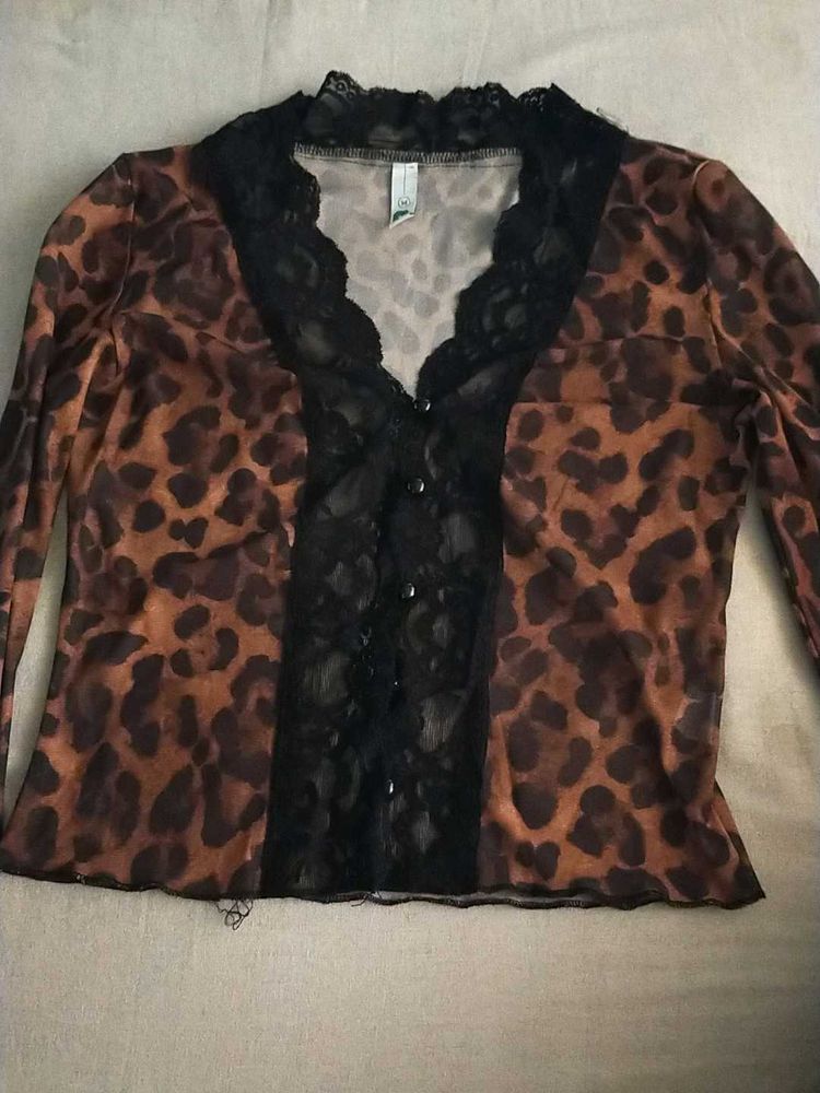Leopard Print Sheer Lace Trim Top