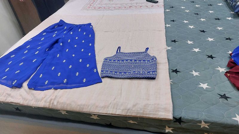 Blue Ethnic Crop Top &amp; Palazzo Set