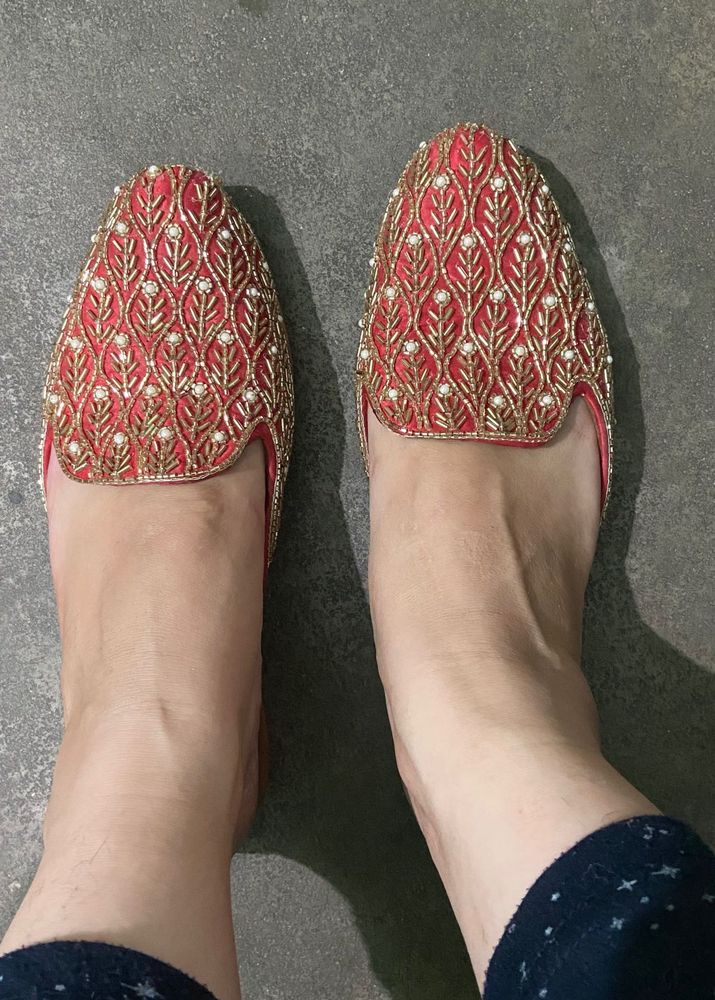 Red Embroidered Ethnic Footwear