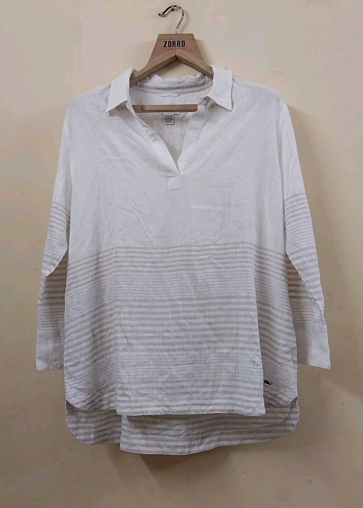 White Striped Collared Tunic Top
