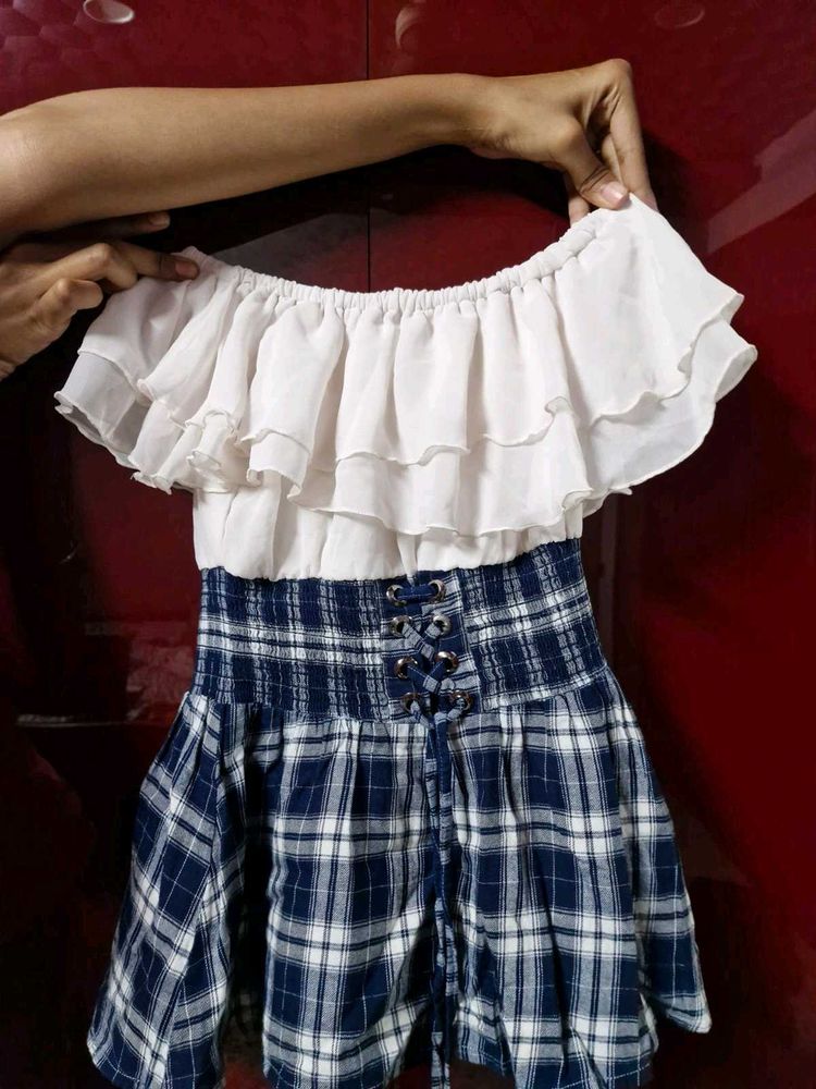 Off-Shoulder Ruffle Top &amp; Plaid Shorts Set