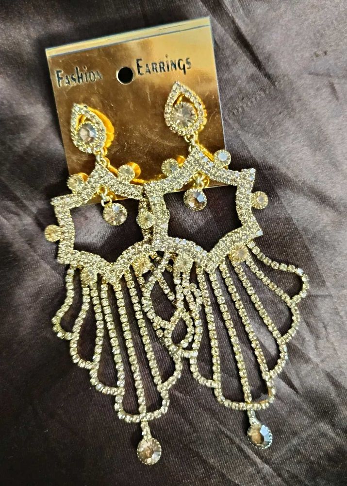 Gold Plated Stone Studded Long Dangler Earrings