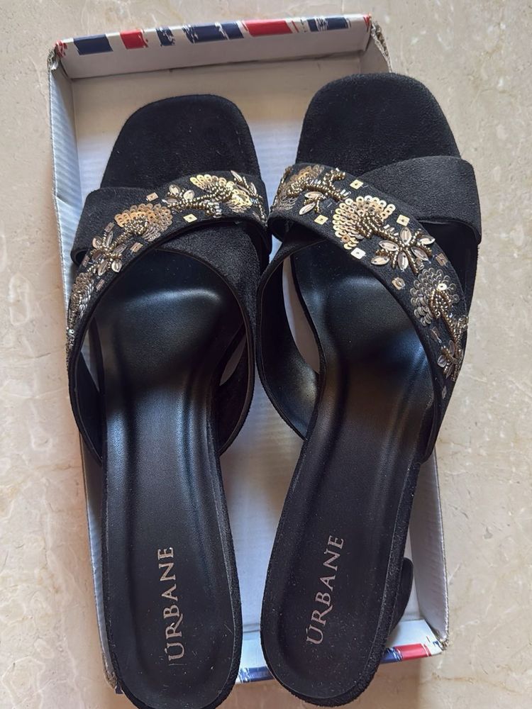 Embellished Black Block Heels