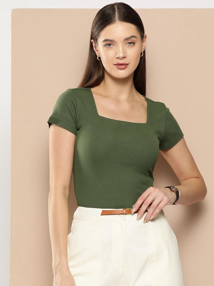 Green Square Neck Ribbed Top (Size - M)